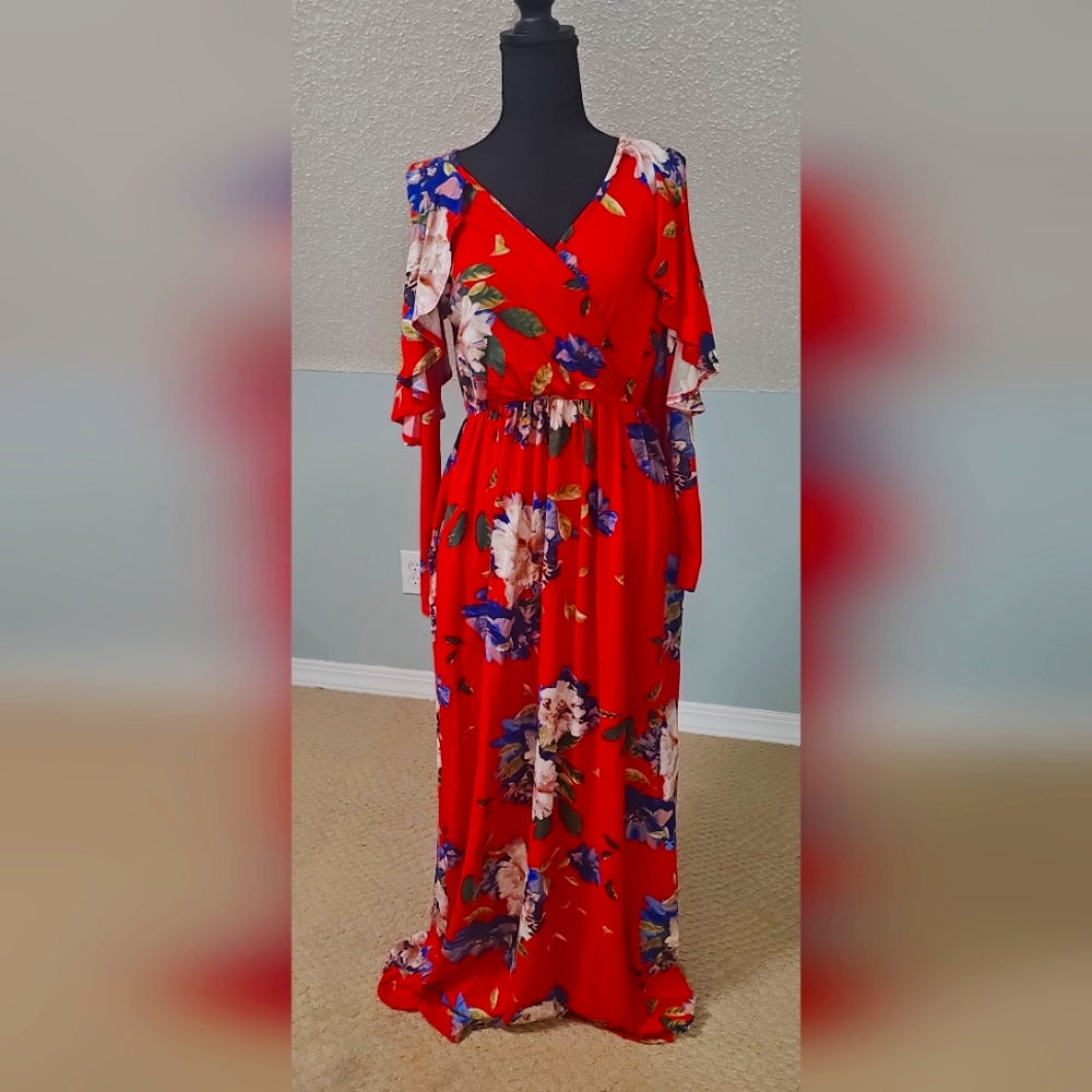 Red Long Sleeve Maxi Dress